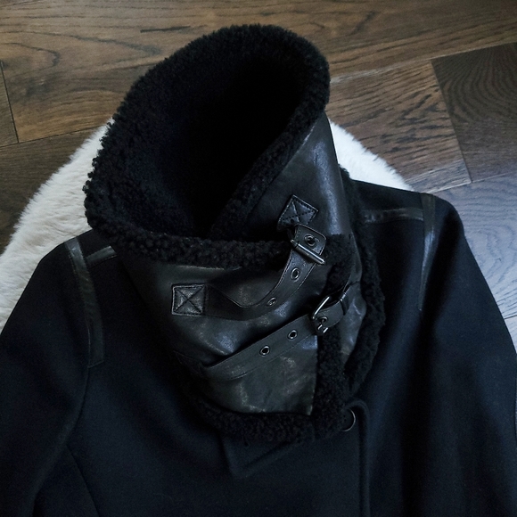All Saints Okito Minimilist Wool Shearling Collar Pea Lamb Leather Coat - Picture 6 of 11